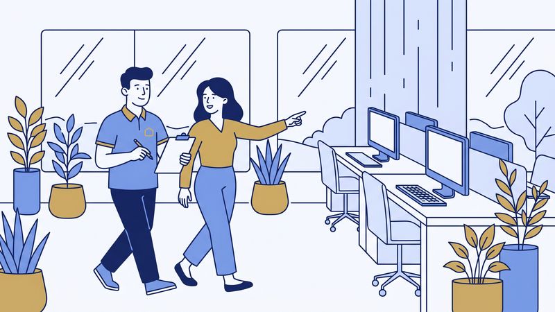 Cleaning business owner doing a walk-through of an office space with a clipboard