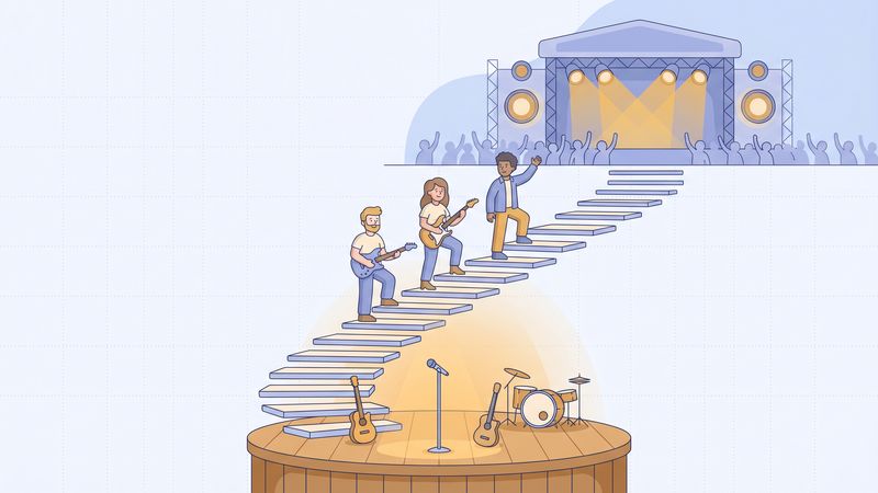 Flat vector illustration of a band stepping up from a small pub stage towards a large festival stage, ladder motif, soft blue and gold palette