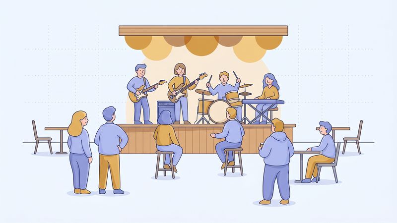 Flat vector illustration of a half-empty small music venue with a band playing, warm lighting, soft blue and gold palette