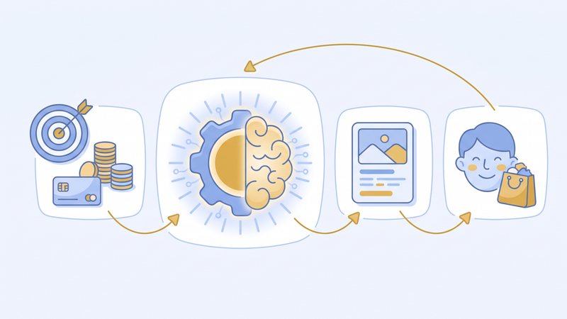 Flow diagram showing four panels left to right: target plus coins plus bank card, an AI cog and brain engine glowing in blue and gold, an ad mockup card, a smiling consumer with a shopping bag. Arrows connect the panels including a feedback loop from the consumer back to the engine