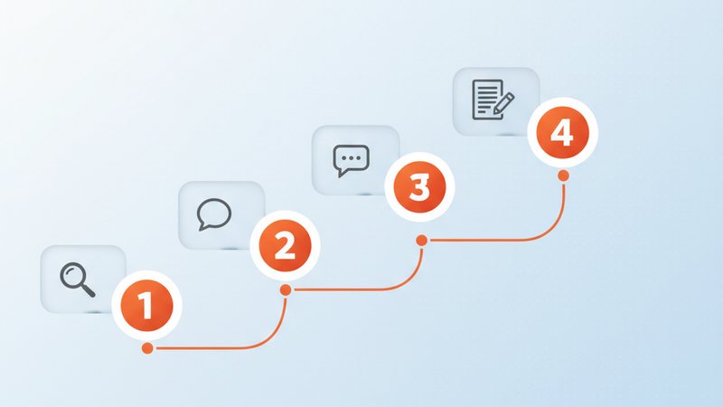 A winding orange path climbing left to right with four numbered milestones along it. Each milestone has a floating glass card holding an icon: a magnifying glass for research, a chat bubble for commenting, a document for posting, and a pencil-and-paper for tracking