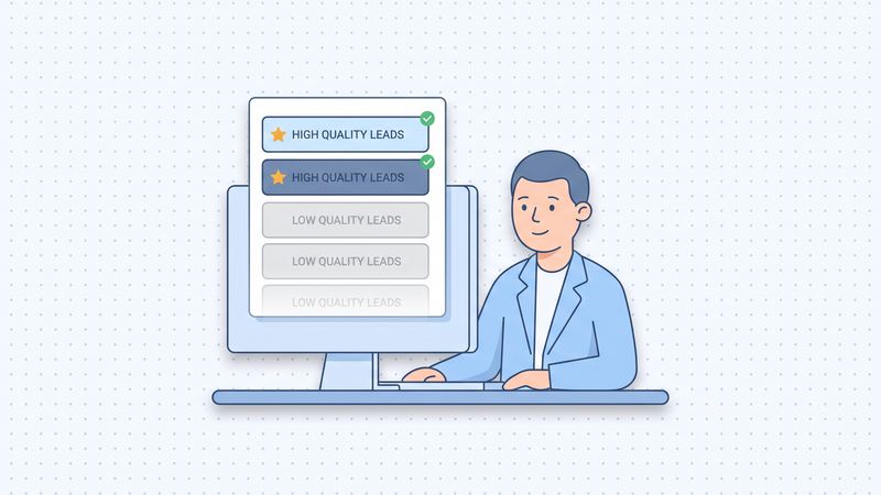 Illustration of a person reviewing scored leads, with high-quality leads highlighted and low-quality ones filtered out